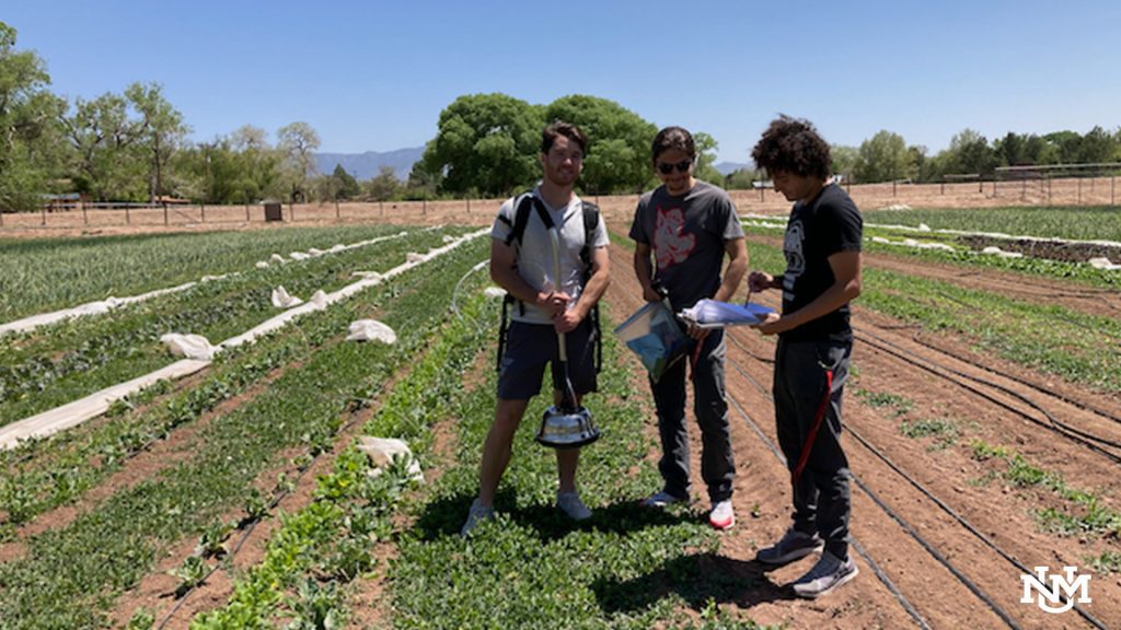 3 students standing outside on a farm